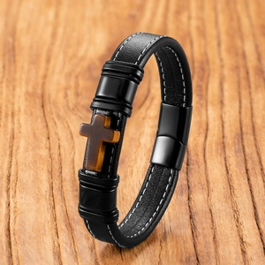 Bracciale da Uomo in Pelle Intrecciata a Mano Con Croce in Acciaio Inossidabile Pietra Occhio di Tigre Gioielli Religiosi Unisex