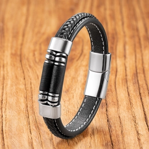 Men's Braided Leather Bracelet Stainless Steel Magnetic Clasp Natural Stone Beads Agate Lava Stone Turquoise Jewelry Bracelet