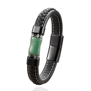 Men's braided black leather bracelet with green stone and black magnetic steel clasp