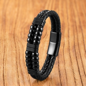 Bracciale da uomo a doppio strato in pelle nera intrecciata con perle e chiusura in metallo