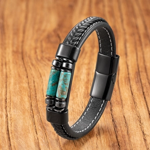 Braided black leather men's bracelet with turquoise stones and magnetic clasp