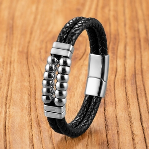 Bracciale da uomo a doppio strato in pelle nera intrecciata con fibbia magnetica in acciaio