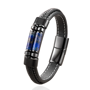 Men's black braided leather bracelet with blue stone beads and magnetic steel clasp