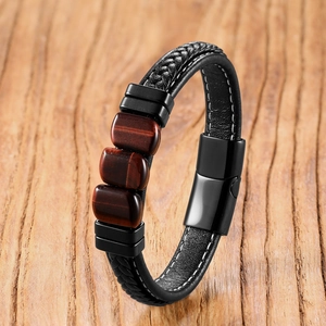 Vintage Tiger Eye Stone Leather Bracelet For Men Stainless Steel Magnetic Clasp Woven Multilayer Bangle Fashion Jewelry
