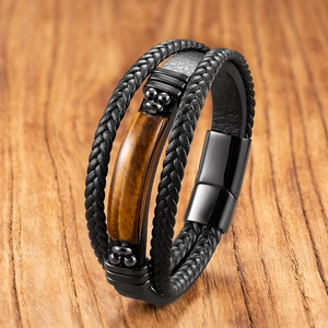 Bracelet Multicouche en Cuir Tressé pour Homme Avec Incrustation de Pierre Naturelle Fermoir Magnétique en Acier Inoxydable Bijoux Décontractés Cadeau Pour Hommes
