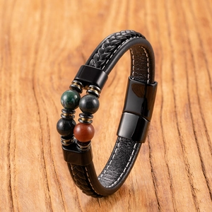 Men's tiger eye stone and multi-layer braided leather bracelet with magnetic steel clasp