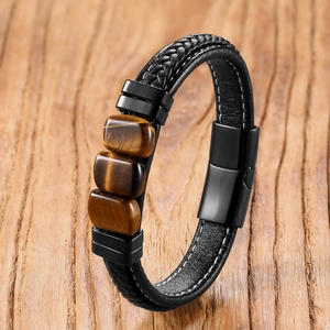 Tiger eye stone bracelet with black braided leather and stainless steel magnetic clasp for men