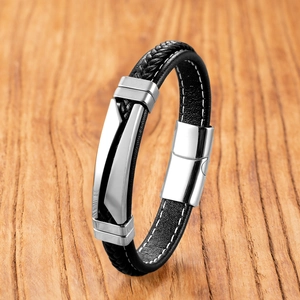 Bracelet classique en cuir tressé noir avec fermoir en acier inoxydable pour hommes