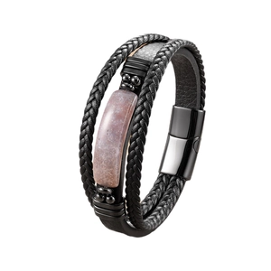 Bracelet multicouche en cuir noir avec pierre d'oeil de tigre et fermoir magnétique