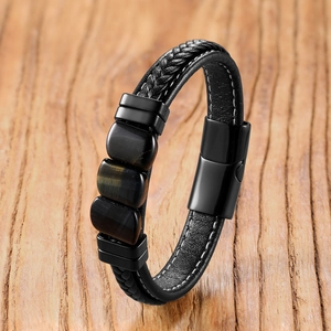 Men's braided black leather bracelet with tiger eye stones and magnetic steel clasp