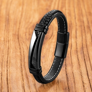 Bracelet classique en cuir noir tressé pour homme avec fermoir magnétique poli