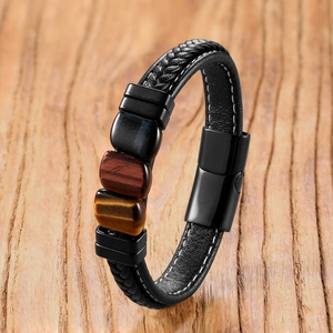 Men's tiger eye stone bracelet with black braided leather and magnetic steel clasp