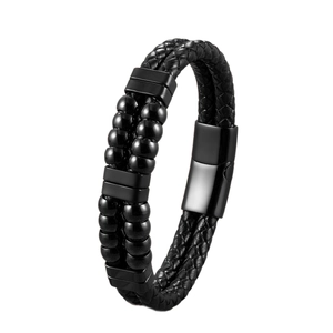 Bracciale da uomo a doppio strato in pelle intrecciata con perline nere e chiusura magnetica