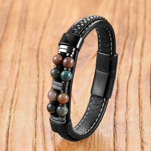 Vintage geflochtenes Lederarmband für Herren mit Tigerauge-Steinen und Magnetverschluss