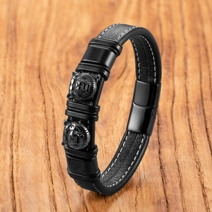 Bracelet pour homme en cuir tressé noir avec têtes de tigre et surpiqûres blanches