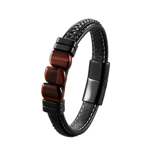 Men's braided leather bracelet with tiger eye stones and black magnetic steel clasp