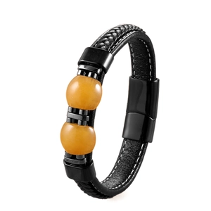 Men's double row braided leather bracelet with tiger eye stone beads and black steel clasp