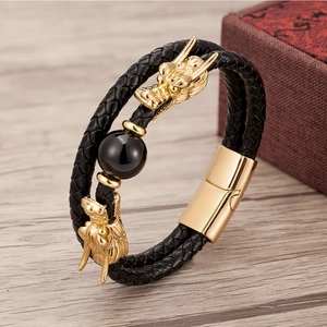 Vintage Chinese Dragon Head Men Leather Bracelet Double Strand Braided Cord Stainless Steel Magnetic Clasp Natural Stone Ethnic Jewelry
