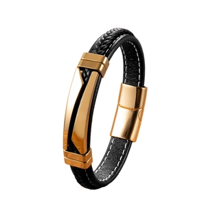 Bracelet classique en cuir noir tressé pour homme avec fermoir en acier inoxydable doré