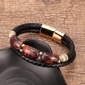 Bracelet en Cuir Tressé pour Hommes Vintage Avec Pierre Oeil de Tigre Naturelle Fermoir Magnétique en Acier Inoxydable Bijoux