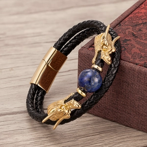 Classic Chinese dragon braided leather bracelet with blue stone and gold steel accents