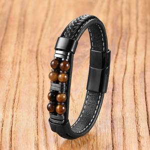 Herren Vintage Geflochtenes Lederarmband Mit Natürlichem Tigerauge Stein Edelstahl Magnetverschluss Modeschmuck Geschenk
