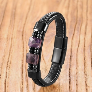 Bracelet tressé en cuir pour homme avec pierres d'améthyste et fermoir magnétique