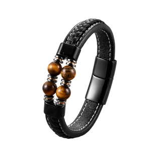 Men's double-row braided leather bracelet with tiger eye stones and magnetic steel clasp