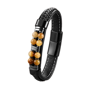 Herren Vintage Lederarmband geflochten mit Tigerauge Steinen und schwarzem Magnetverschluss