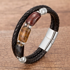 Bracelet tressé en cuir noir pour hommes avec trois pierres œil de tigre et fermoir argent