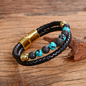 Close-up of double-layer leather rope bracelet with blue turquoise and black lava stone beads