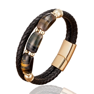 Bracelet pour homme en cuir tressé noir avec pierres œil de tigre et fermoir magnétique doré
