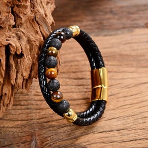 Men's double-layer leather and tiger eye stone bead bracelet with magnetic clasp