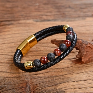 Men's double-layer leather bracelet with tiger eye stones and gold magnetic clasp