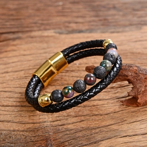 Macro view of double-layer men's leather bracelet with volcanic stone and magnetic clasp