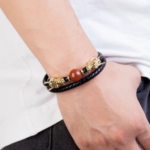 Classic double-layer braided leather bracelet with golden dragon head and red stone bead
