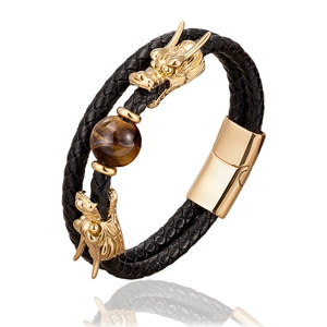 Men's double-layered braided leather bracelet with golden dragon heads and tiger eye stone