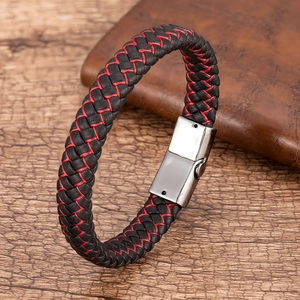 Braided leather bracelet for men with red and black cords and a silver magnetic clasp