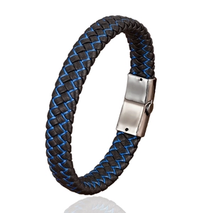 Fashion woven black leather bracelet with blue stitching and silver magnetic clasp