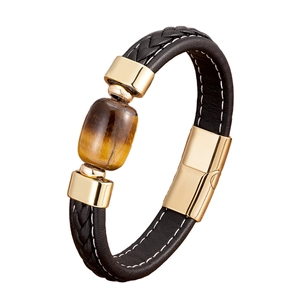 Bracciale da uomo in pelle intrecciata con pietra occhio di tigre e chiusura magnetica