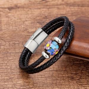 Bracciale in Pelle Intrecciata a Doppio Strato Con Chiusura Magnetica in Acciaio Inossidabile Perline di Vetro Floreali Gioielli Boho Per Uomo Donna