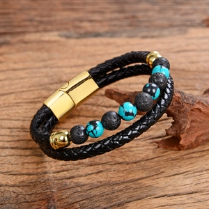Men Vintage Double Layer Braided Leather Bracelet Stainless Steel Magnetic Clasp Natural Lava Stone Beads Bracelet Jewelry