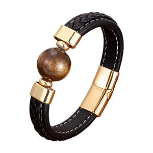 Herren-Lederarmband geflochten in Schwarz mit Tigerauge-Stein und goldener Schließe