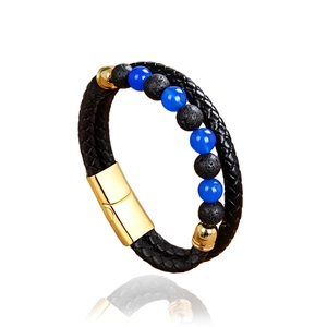 Men's double-layer leather bracelet with blue beads, lava stones, and gold magnetic clasp