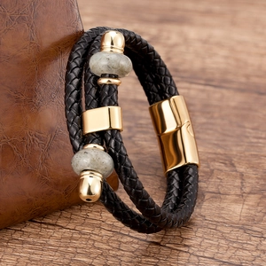 Bracciale da uomo in pelle nera intrecciata con chiusura magnetica oro e pietre naturali