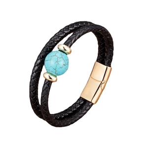 Doppellagiges schwarzes geflochtenes Lederarmband mit Türkisstein und goldenem Magnetverschluss