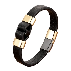 Braided black leather bracelet for men with golden magnetic clasp and metallic rings