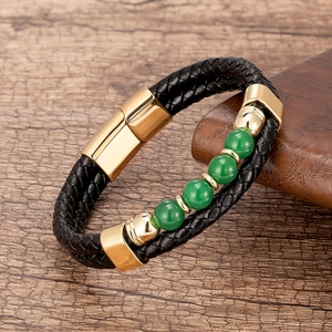 Bracelet Homme en Cuir Tressé Vintage Avec Fermoir Magnétique en Acier Inoxydable Perles en Pierre Naturelle Bijoux