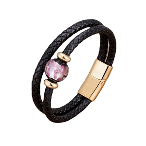 Bracciale doppio in pelle nera intrecciata con perla di pietra e chiusura magnetica oro