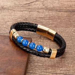 Bracelet double couche en cuir tressé noir pour homme avec perles bleues et fermoir doré